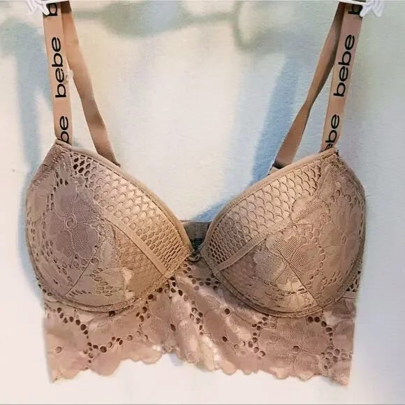 bebe Bustier 38C Lace Fringe Bra CHAMPAGNE DUSK Lace Trim Edge w Sporty Straps - Picture 6 of 13